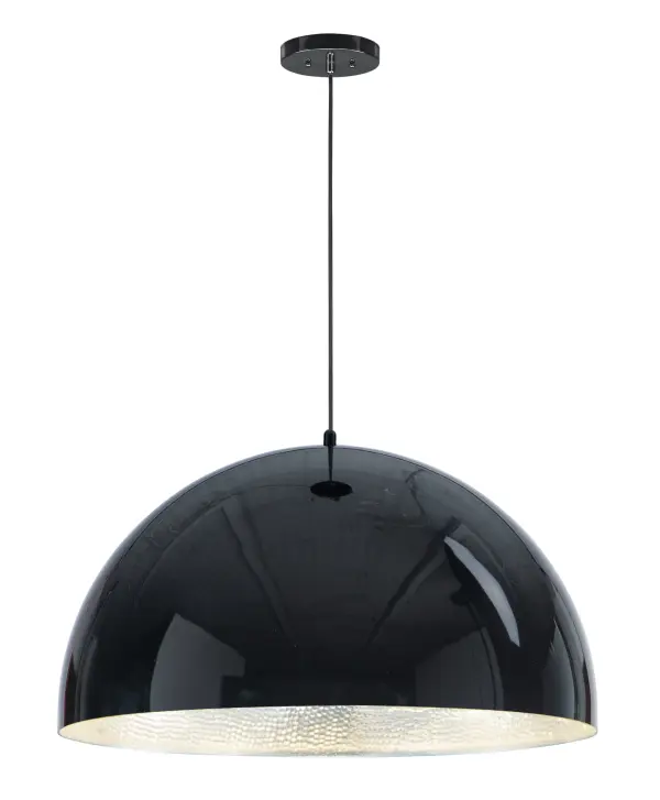The Hemisphere pendant combines industrial aesthetics with functional brilliance. Its double-thick aluminum construction with hammered, polished interior maximizes light reflection while the high-gloss black exterior creates dramatic visual impact.