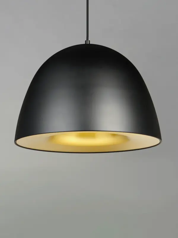 The Fungo pendant features a distinctive uni-body design where form flows seamlessly from top to bottom. Its striking Black/Satin Brass finish adds sophisticated contrast, while the concealed LED reduces glare for comfortable ambient lighting. - alternate view