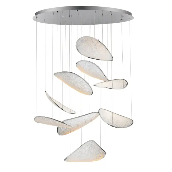 Moonscapes delivers breathtaking architectural drama through irregularly shaped panels that evoke lunar terrain. Edge-lit LED technology creates an ethereal floating effect on near-invisible cables, perfect for grand spaces.