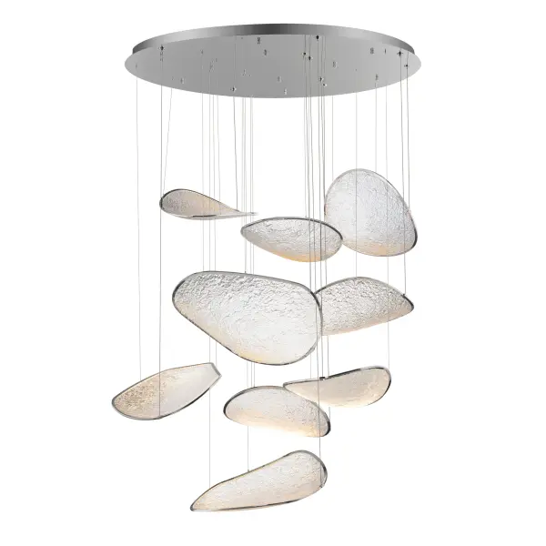 Moonscapes delivers breathtaking architectural drama through irregularly shaped panels that evoke lunar terrain. Edge-lit LED technology creates an ethereal floating effect on near-invisible cables, perfect for grand spaces. - alternate view