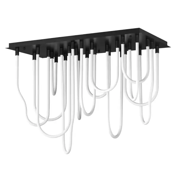 The Soleil flush mount chandelier makes a bold architectural statement with its abstract solar flare-inspired design. Fourteen LED light sources encased in sweeping matte white acrylic tubes deliver 6,100 lumens of warm, high-CRI light.