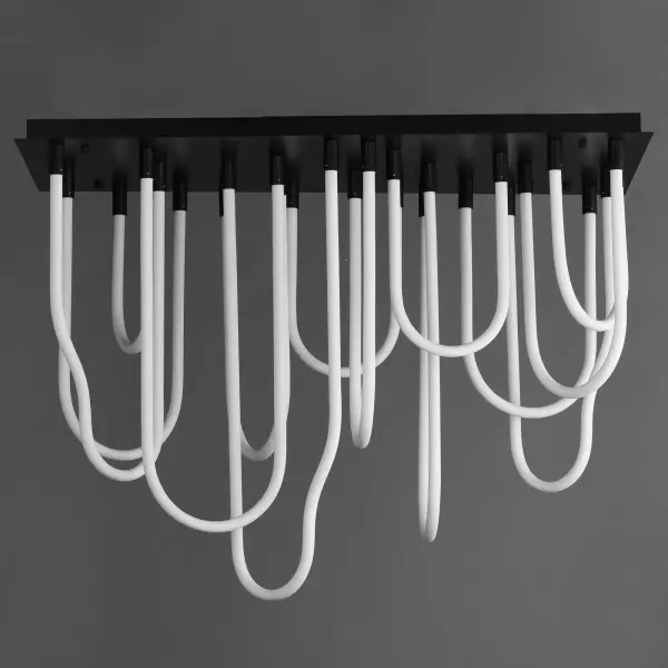 The Soleil flush mount chandelier makes a bold architectural statement with its abstract solar flare-inspired design. Fourteen LED light sources encased in sweeping matte white acrylic tubes deliver 6,100 lumens of warm, high-CRI light. - alternate view