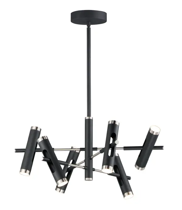 The Ambit pendant features six adjustable cylinders that pivot on axis, emitting light from both top and bottom for even room illumination. The striking black finish with satin nickel trim creates a bold contemporary statement.