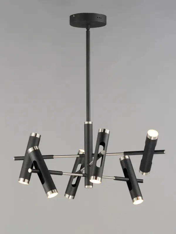 The Ambit pendant features six adjustable cylinders that pivot on axis, emitting light from both top and bottom for even room illumination. The striking black finish with satin nickel trim creates a bold contemporary statement. - alternate view