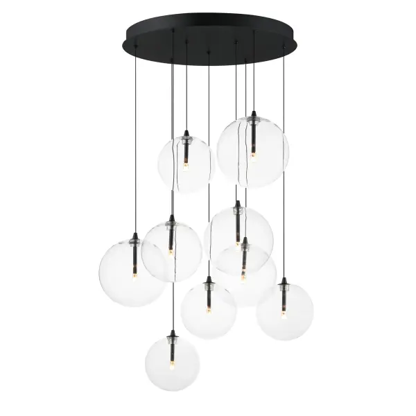 The Global chandelier features nine clear blown glass globes in varying sizes suspended on delicate low-voltage wires, creating an airy, floating effect. Energy-efficient G4 LED lamps provide warm illumination through the transparent spheres.