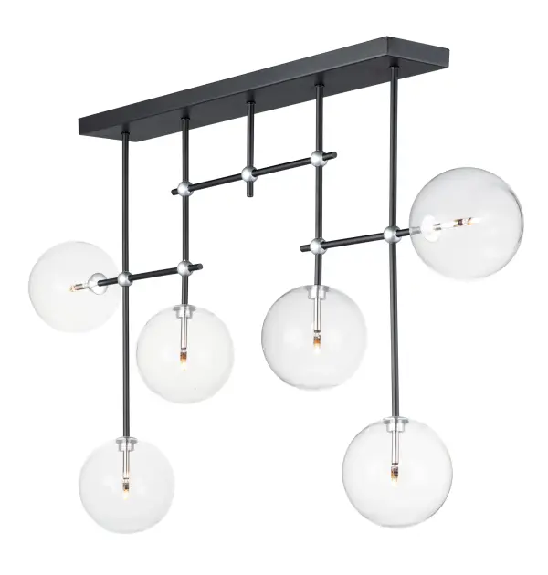 This striking 6-light pendant features clear blown glass globes in varying sizes suspended on delicate low-voltage wires, creating an airy, floating effect. Energy-efficient G4 LED lamps provide warm illumination while the Black and Satin Nickel finish adds modern sophistication.