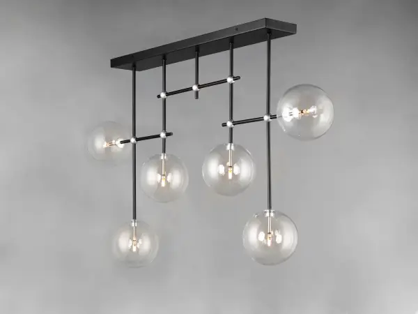 This striking 6-light pendant features clear blown glass globes in varying sizes suspended on delicate low-voltage wires, creating an airy, floating effect. Energy-efficient G4 LED lamps provide warm illumination while the Black and Satin Nickel finish adds modern sophistication. - alternate view