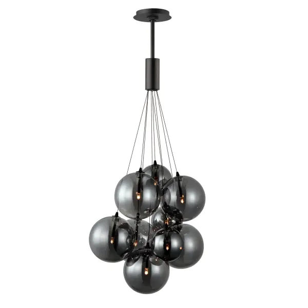 The Burst 9-Light Pendant creates stunning visual impact with its cluster of smoke glass globes bursting outward from a central point. Matte black frame and cables provide bold contrast while energy-efficient LED G4 lamps deliver warm illumination.