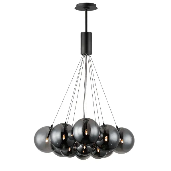 The Burst pendant features 12 smoke glass globes in varied sizes that radiate from a central point, creating a sculptural statement piece. Matte black frame and cables provide bold contrast while integrated LED G4 lamps offer energy-efficient illumination.