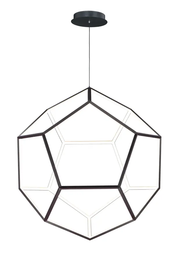 This extra-large spherical pendant features striking black pentagon geometry that creates captivating shadow patterns. With 6480 lumens of warm LED light, it delivers both dramatic visual impact and substantial illumination for grand spaces.
