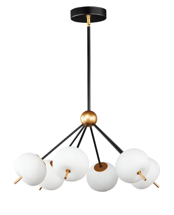The Quest pendant system brings sophisticated European design to modern spaces with its striking black and gold rods suspending six satin white glass shades. Integrated LED technology provides efficient, diffused lighting perfect for dining and entertaining areas.