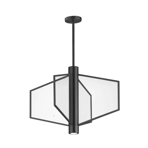 The Telstar pendant combines angular geometric forms with translucent acrylic panels and integrated LED strips for a contemporary lighting statement. At 26 inches wide, it delivers both ambient and task lighting.