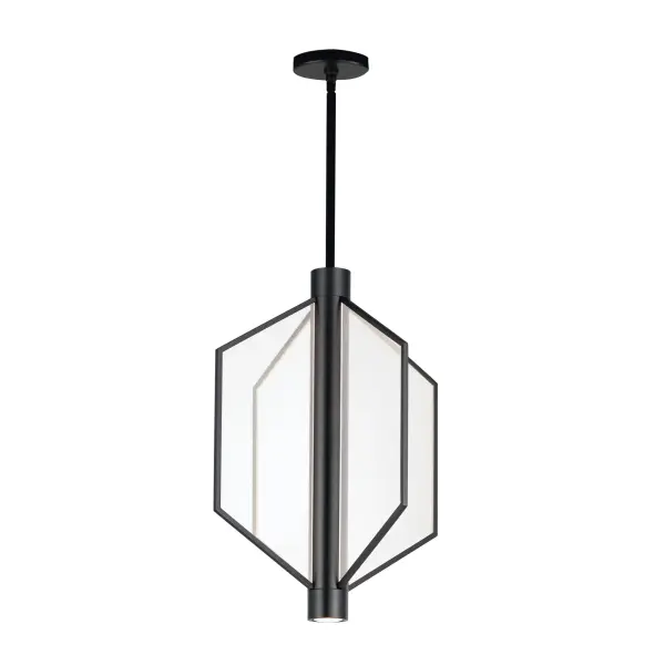 The Telstar pendant combines angular geometric forms with translucent acrylic panels to create a contemporary lighting statement. Integrated LED strips provide ambient indirect light, while a recessed GU10 bulb adds task lighting.
