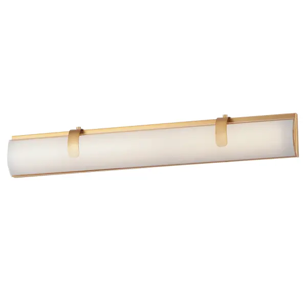The Clutch LED Bath Vanity combines minimalist design with practical illumination. Its curved opal white glass and gold finish create a sophisticated look, while integrated LED technology delivers bright, energy-efficient lighting perfect for grooming tasks.