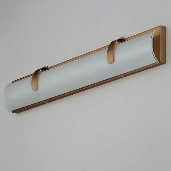 The Clutch LED Bath Vanity combines minimalist design with practical illumination. Its curved opal white glass and gold finish create a sophisticated look, while integrated LED technology delivers bright, energy-efficient lighting perfect for grooming tasks. - alternate view