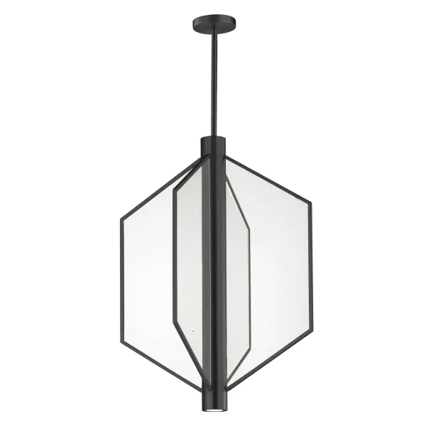 The Telstar pendant combines angular geometric forms with translucent acrylic panels and integrated LED strips to create a dramatic, contemporary lighting statement. Dual light sources provide both ambient and task illumination.