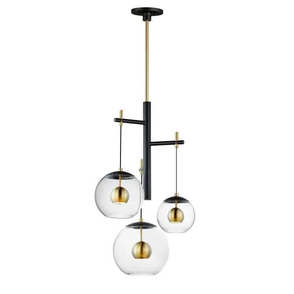 The Nucleus pendant makes a bold statement with its unique atomic-inspired design featuring clear glass orbs with suspended aluminum spheres. The Black and Satin Brass finish combination adds sophistication while integrated LEDs provide glare-free illumination.