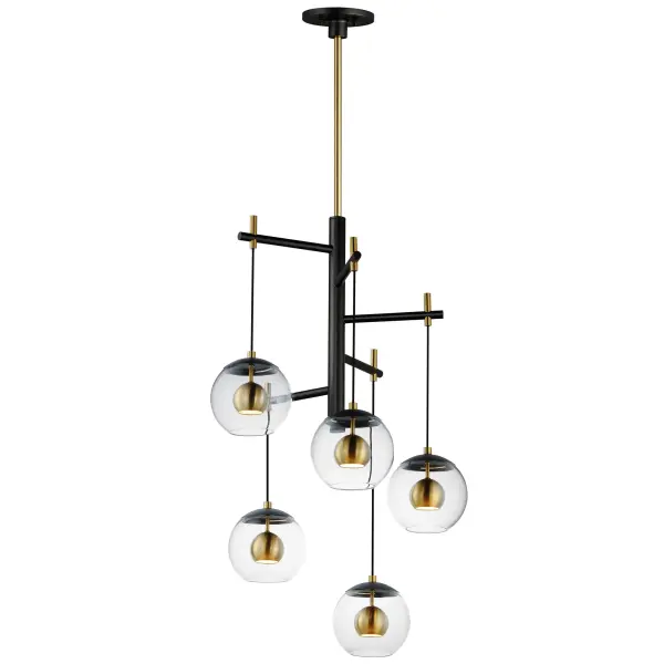 The Nucleus pendant captivates with its atomically inspired design featuring thick clear glass orbs with suspended aluminum spheres. Five lights branch from a central column with integrated LED technology providing 2800 lumens of warm illumination.