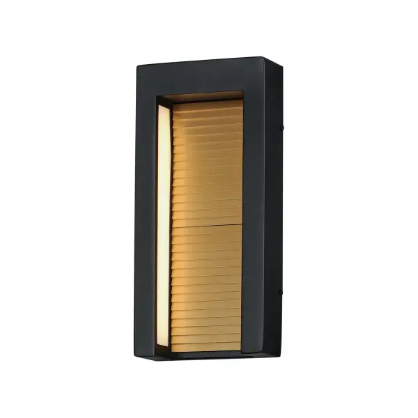 The Alcove wall sconce combines industrial design with sophisticated lighting. Die-cast aluminum construction houses corrugated stainless steel panels in gold, creating warm ambient light through LED reflection.
