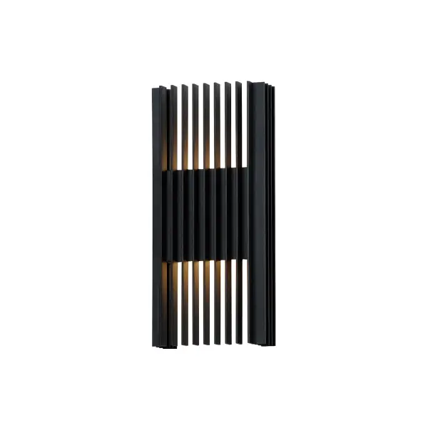 The Rampart Large LED Wall Sconce combines sharp rectilinear design with efficient LED technology, creating dramatic upward and downward lighting effects. Its matte black aluminum construction and contemporary aesthetic make it ideal for modern exteriors.