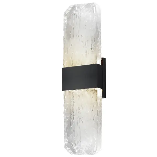 The Rune Large Wall Sconce showcases handcrafted cast glass slabs with unique imperfections, illuminated by concealed LED lighting. Its durable aluminum construction and outdoor-rated black finish make it ideal for exterior applications.