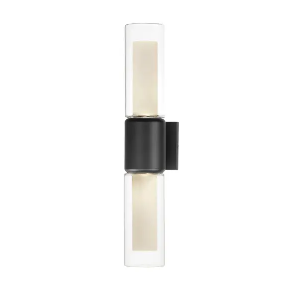The Dram outdoor wall sconce combines contemporary design with practical functionality. Dual cylinder glass shades diffuse LED light through rounded black powder-coated caps, creating ambient outdoor lighting that's both stylish and energy-efficient.
