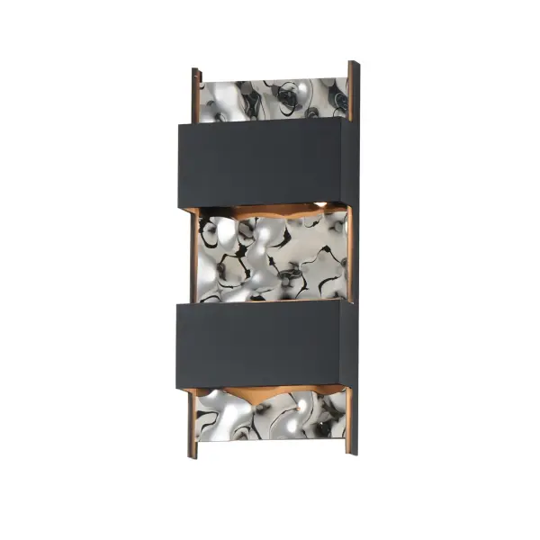 The Coulee LED Wall Sconce features a distinctive wave-like water ripple texture in black stainless steel, creating a sophisticated focal point. Built with marine-grade 304 stainless steel and aluminum construction for durability.