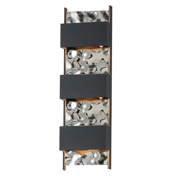 The Coulee sconce features a unique wave-like water ripple texture in reflective black stainless steel. Built with 304-grade stainless steel and non-corrosive aluminum, it delivers 1350 lumens of warm LED light perfect for both indoor and outdoor applications.