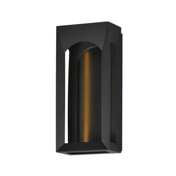 The Brasilia LED outdoor sconce brings grand architectural elegance to exterior spaces with its 304-grade stainless steel cage featuring distinctive beveled arches. The integrated LED provides efficient illumination in a matte black finish.