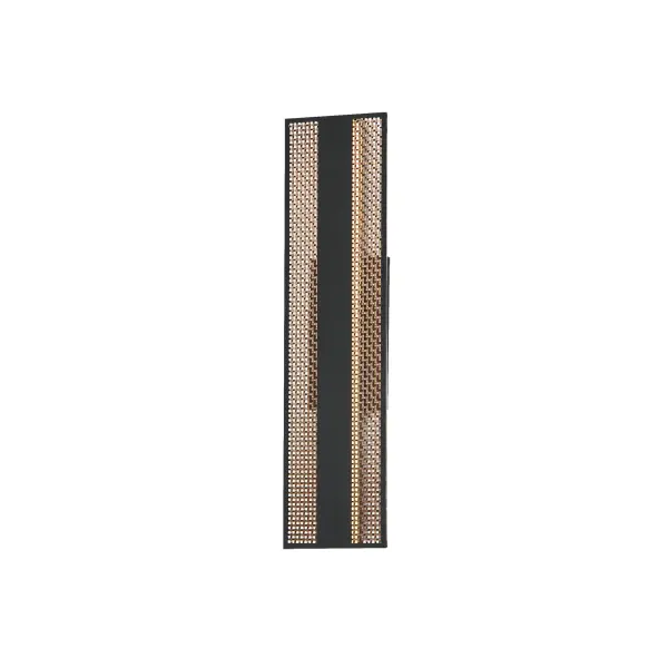 The Interlace outdoor wall sconce features a sophisticated woven stainless steel grid in aged copper, backlit by energy-efficient LED lighting. Its minimal yet elegant design adds architectural interest to any exterior space.