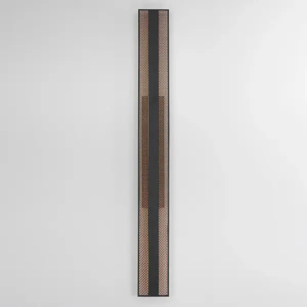 The Interlace outdoor wall sconce makes a bold architectural statement with its 60-inch height and distinctive woven stainless steel grid. Backlit LED illumination highlights the elegant pattern while providing 2400 lumens of warm light. - alternate view
