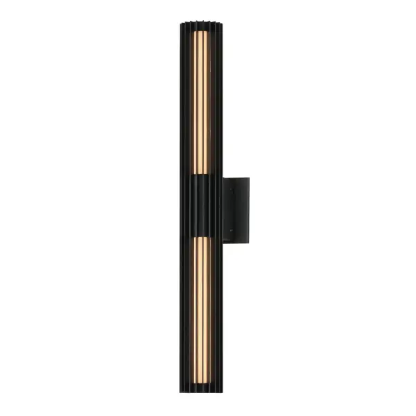 The Citadel outdoor wall sconce features a contemporary vertical aluminum frame surrounding an LED tube that delivers 1600 lumens of warm 3000K light. Its slim 4" profile makes it ADA compliant while the matte black finish suits diverse architectural styles.