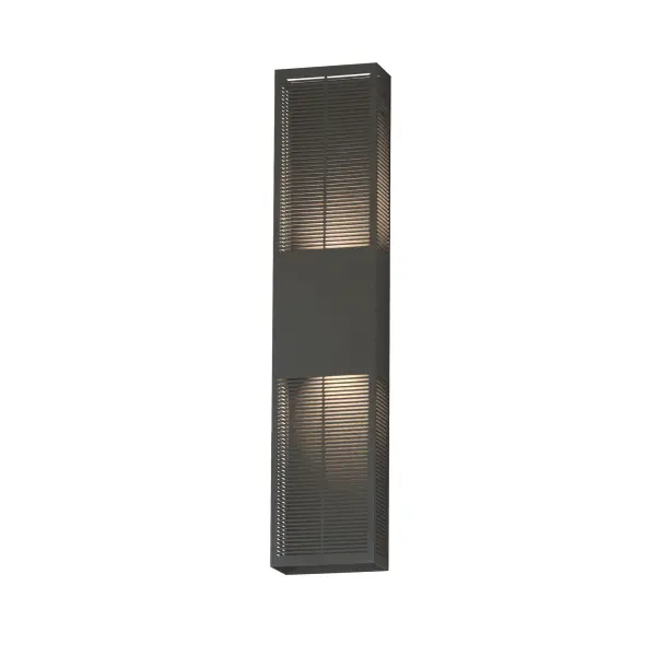 The Grate 30" outdoor wall sconce creates a stunning visual display with its precision-cut slotted design that projects intricate light patterns. Energy-efficient LED technology delivers warm 3000K illumination in a durable aluminum frame.