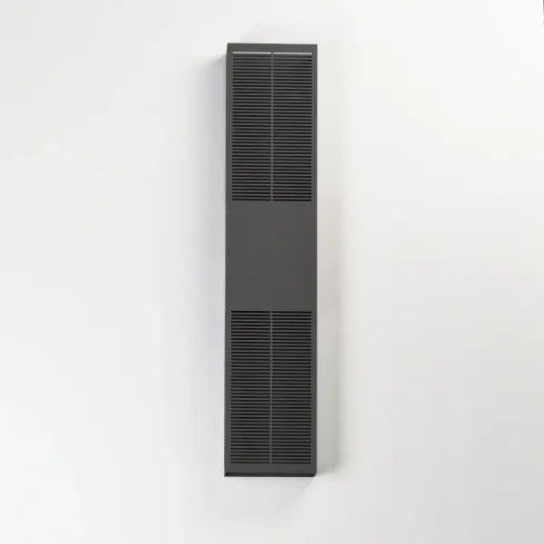 The Grate 30" outdoor wall sconce creates a stunning visual display with its precision-cut slotted design that projects intricate light patterns. Energy-efficient LED technology delivers warm 3000K illumination in a durable aluminum frame. - alternate view
