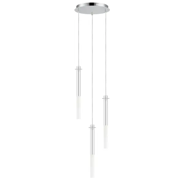 The Pipette pendant creates a striking modern aesthetic with slender clear glass tubes and polished chrome accents. Energy-efficient LED technology combines with etched glass diffusion for warm, inviting illumination.