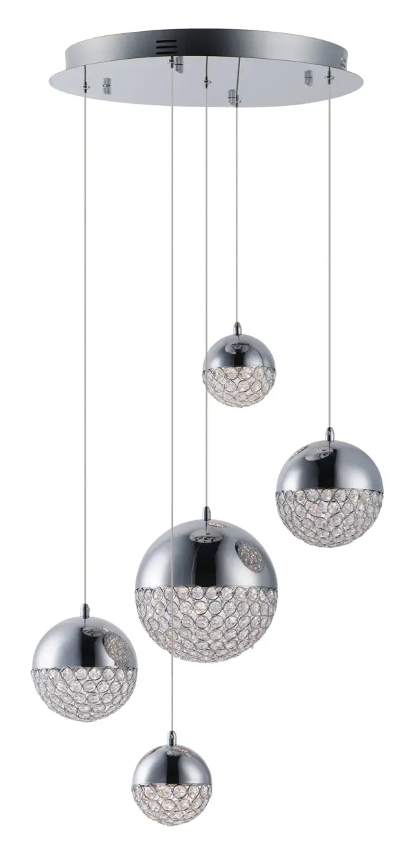 The Eclipse pendant combines polished chrome spheres with hand-woven beveled crystal beads to create a dazzling light display. Integrated LED technology illuminates the crystals from above, producing brilliant sparkle and ambiance.