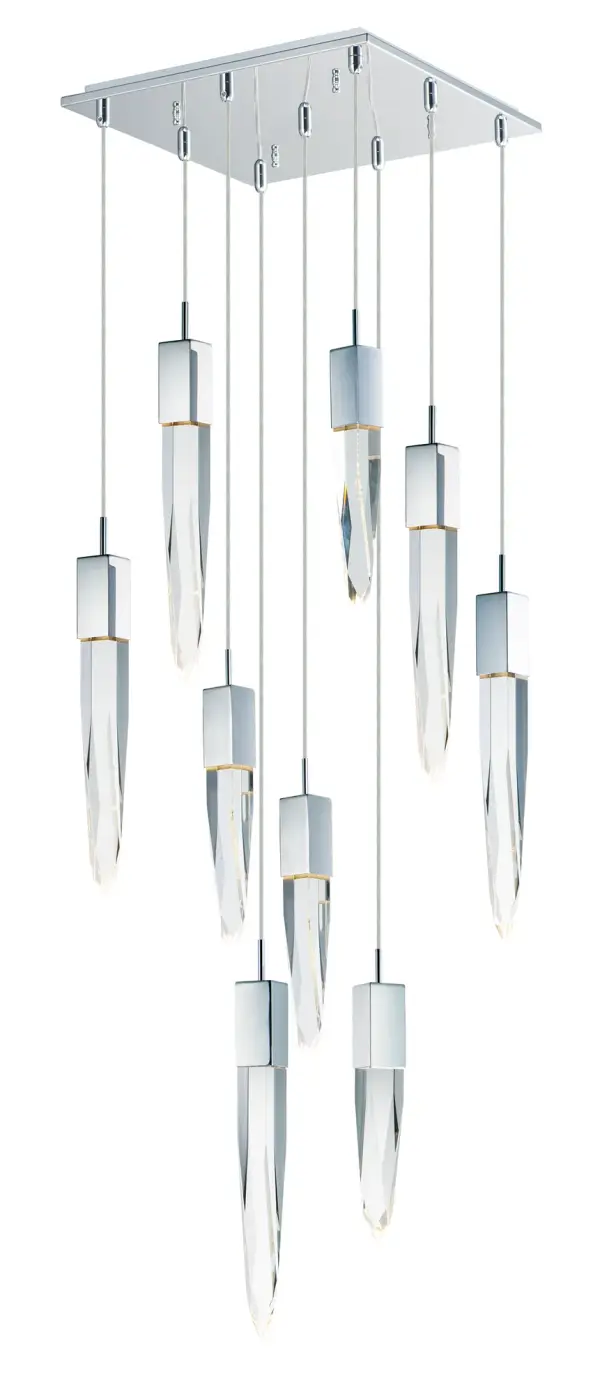 The Quartz pendant transforms spaces with its spectacular array of beveled crystal stalactites suspended at varying heights. High-CRI LED modules illuminate the faceted crystals, creating mesmerizing light diffusion and sparkle.