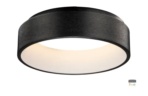 Modern flush mount featuring Friends of Hue technology for expansive color selection and brightness control. Brushed black rings with acrylic diffuser deliver 2240 lumens with excellent 90 CRI. Compatible with Alexa and Google Assistant.