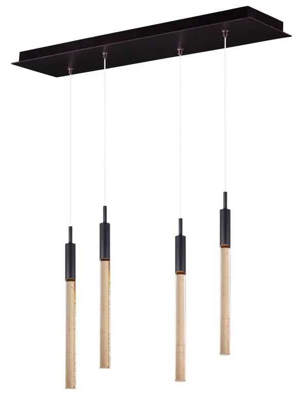 The Scepter Linear Pendant features slender beveled bubble glass rods illuminated by integrated LED modules, creating a sophisticated focal point. The Anodized Bronze finish with Champagne bubble glass offers warm elegance perfect for contemporary and transitional spaces.