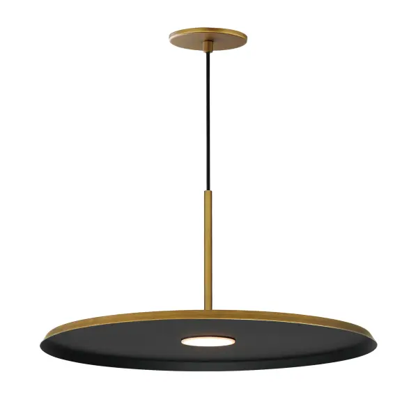 The Berliner pendant combines retro aesthetics with modern LED technology. Its machined aluminum disc features concentric circles reminiscent of vinyl records, creating a unique focal point that works across multiple design styles.