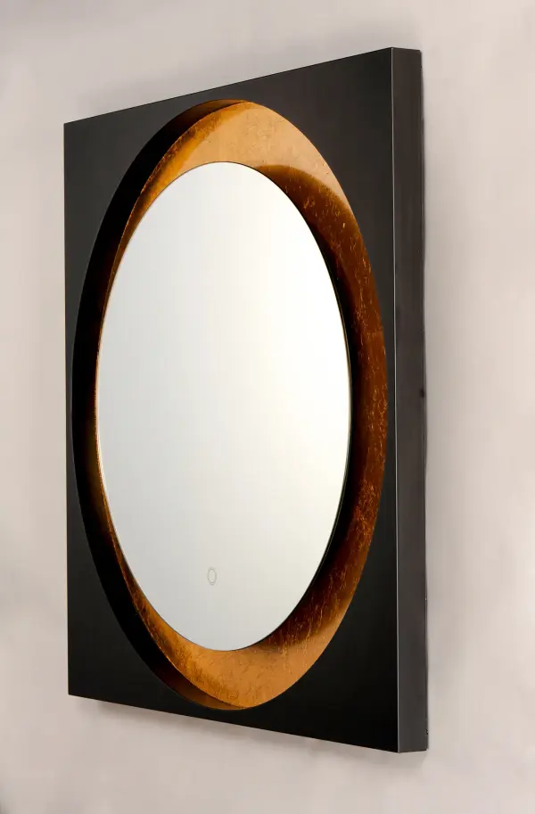 This 31.5" square LED mirror combines contemporary design with functional lighting. The warm 3000K LED illumination provides excellent color rendering (CRI 90) for grooming tasks, while the gold leaf and black finish adds a luxurious touch. - alternate view