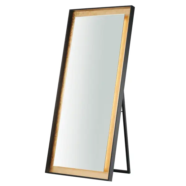 This 30" x 67" free-standing LED mirror combines functional lighting with sophisticated design. The gold leaf and black finish frame adds a glamorous touch while integrated 3000K LED lighting provides flattering illumination.