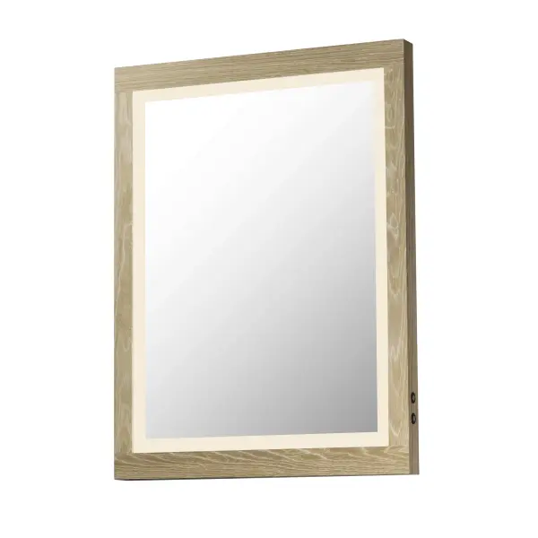 The Sawyer LED Mirror combines natural oak framing with smart LED technology, featuring a 2-inch frosted backlit band and three selectable color temperatures (3000K-5000K) for customizable vanity lighting.