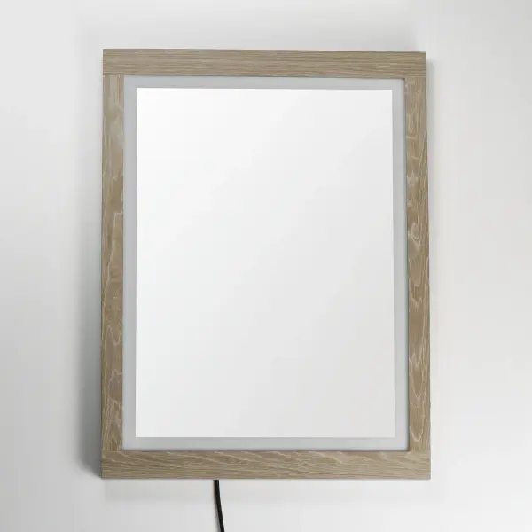 The Sawyer LED Mirror combines natural oak framing with smart LED technology, featuring a 2-inch frosted backlit band and three selectable color temperatures (3000K-5000K) for customizable vanity lighting. - alternate view