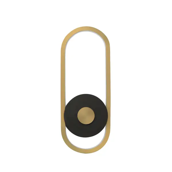 The Gravity sconce combines contemporary design with practical outdoor durability. Its elliptical gold element contrasts beautifully against a black disc, while corrosion-resistant aluminum and UV-rated finishes ensure longevity in wet locations.