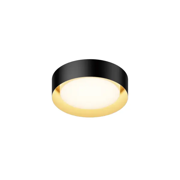 The Echo flush mount combines practical LED efficiency with sophisticated style. Its black exterior drum shade with gold interior creates visual warmth while reducing glare, making it ideal for modern spaces with lower ceilings.