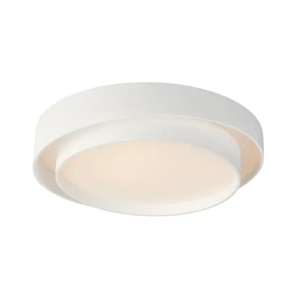 The Ziggurat flush mount features a distinctive two-tier spiral design in matte white finish. With 3000 lumens of warm LED light, this 24" fixture provides exceptional brightness suitable for both residential and commercial spaces.