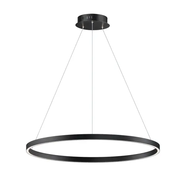 A sleek 32-inch aluminum ring pendant featuring integrated LED technology with 5 selectable color temperatures from warm 2700K to bright 5000K. The minimalist matte black finish and clean circular design make it a versatile choice for contemporary spaces.
