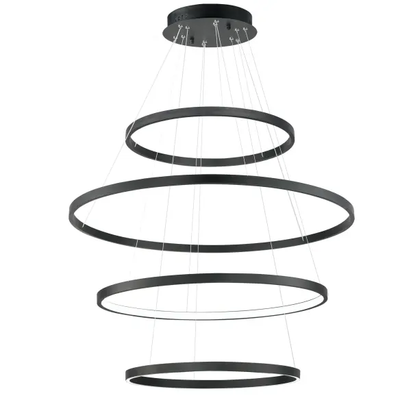 A striking 4-tier ring pendant featuring integrated LED technology with 5 selectable color temperatures. The sleek aluminum construction and geometric design make it a contemporary statement piece for high-ceiling spaces.
