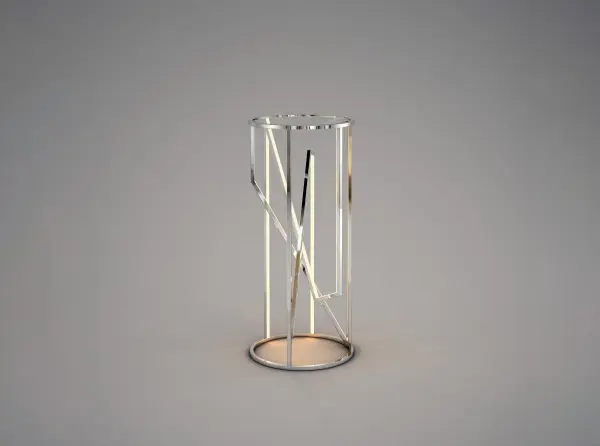 The Trapezoid is a striking conversation piece that combines architectural design with functional LED lighting. Precision-mitered polished chrome channels create a geometric sculpture while integrated LED strips provide ambient illumination. - alternate view